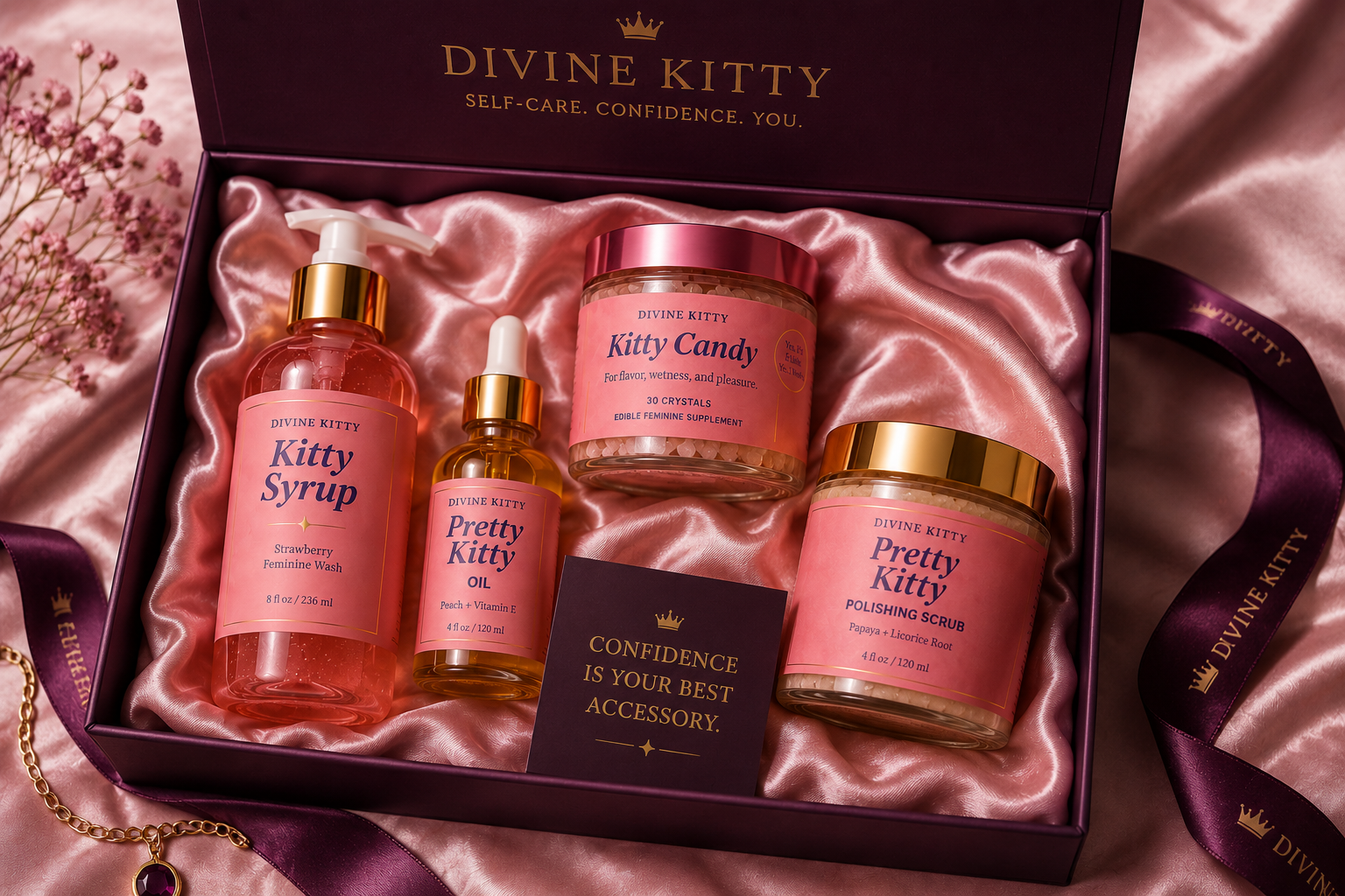 The Divine Kitty bundle box with all four products on satin
